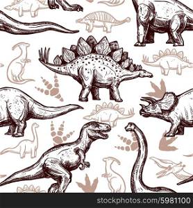 Dinosaurs footprints seamless pattern two-color doodle. Prehistoric dinosaurs reptiles with footprints on background seamless wrap paper pattern two-color doodle style abstract vector illustration