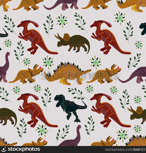 Dinosaurs hand drawn seamless pattern on white backgroundd. Cute hand drawn sketch style textile, wrapping paper, background design. . Dinosaurs hand drawn seamless pattern on white background