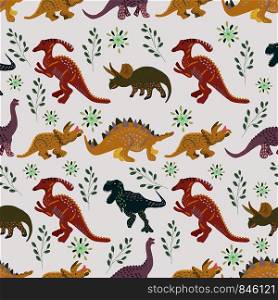 Dinosaurs hand drawn seamless pattern on white backgroundd. Cute hand drawn sketch style textile, wrapping paper, background design. . Dinosaurs hand drawn seamless pattern on white background