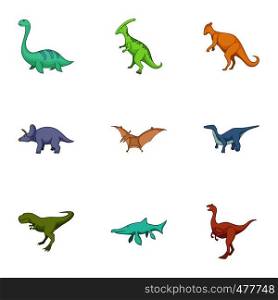 Dinosaurs icons set. Cartoon set of 9 dinosaurs vector icons for web isolated on white background. Dinosaurs icons set, cartoon style