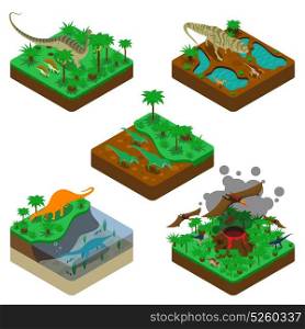 Dinosaurs Isometric Compositions. Dinosaurs isometric compositions with terrestrial flying and water reptiles land with plants erupting volcano isolated vector illustration