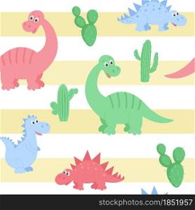 Dinosaurs pattern with cactuses on the background of sand stripes, vector illustration. Background with cute dino for kids wallpaper, packaging, fabric and textile. Template with a collection of wild animals.. Dinosaurs pattern with cactuses on the background of sand stripes, vector illustration.