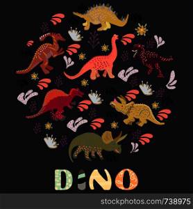 Dinosaurs round flat hand drawn composition on black background. Hand lettering dino. Greeting card, poster design element. . Dinosaurs round flat hand drawn composition on black background