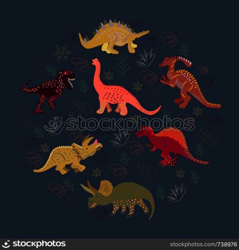 Dinosaurs round flat hand drawn composition on grey background. Greeting card, poster design element. . Dinosaurs round flat hand drawn composition on grey background