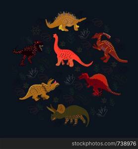 Dinosaurs round flat hand drawn composition on grey background. Greeting card, poster design element. . Dinosaurs round flat hand drawn composition on grey background