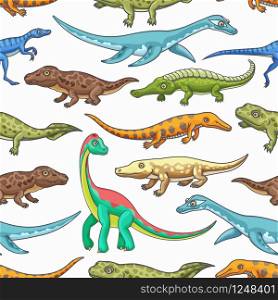 Dinosaurs seamless pattern of cartoon jurassic animals vector background. Prehistoric dino monsters and reptiles backdrop with brachiosaurus, mesosaurus and brontosaurus, eoraptor and pliosaurs. Dinosaur animals seamless pattern background