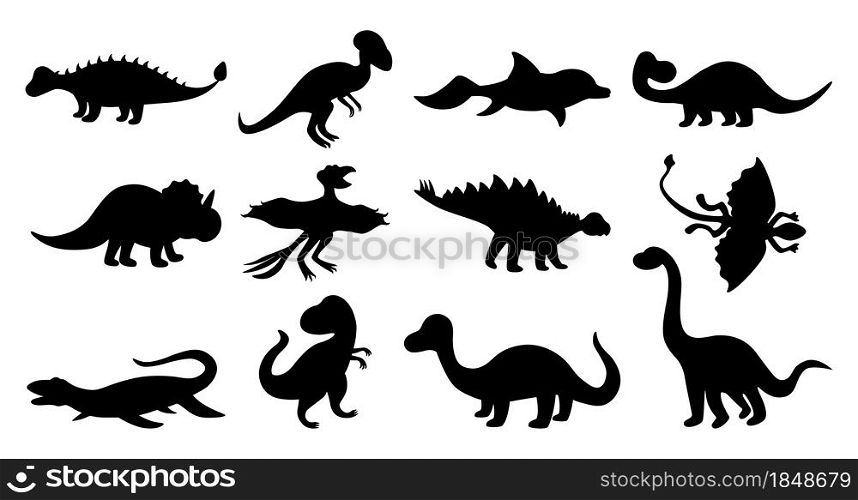 Dinosaurs silhouettes. Black doodle shapes of prehistoric Jurassic reptiles, cute ancient predators and herbivores vector isolated set mesozoic era dinosaur. Dinosaurs silhouettes. Black doodle shapes of prehistoric Jurassic reptiles, cute ancient predators and herbivores vector isolated set