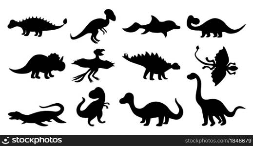 Dinosaurs silhouettes. Black doodle shapes of prehistoric Jurassic reptiles, cute ancient predators and herbivores vector isolated set mesozoic era dinosaur. Dinosaurs silhouettes. Black doodle shapes of prehistoric Jurassic reptiles, cute ancient predators and herbivores vector isolated set