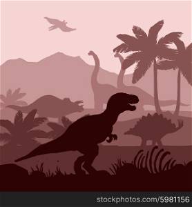 Dinosaurs silhouettes in prehistoric environment overlapping layers in brown shades decorative background banner abstract vector illustration. Dinosaurs silhouettes layers background banner illustration.