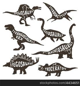 Dinosaurs Silhouettes With Lettering . Dinosaurs black silhouettes set with lettering pterodactyl plesiosaur spinosaurus tyrannosaurus triceratops on white background isolated vector illustration