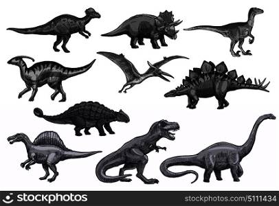 Dinosaurs sketch icons for Jurassic park design. Vector isolated set of triceratops or t-rex, brontosaurus or pterodactyl and stegosaurus, pteranodon or ceratosaurus and parasaurolophus. Vector sketch dinosaurs icons set