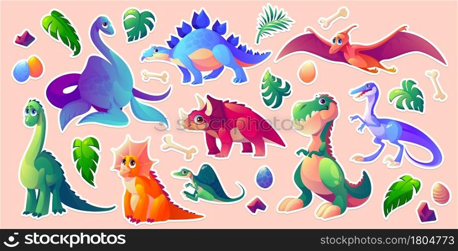 Dinosaurs stickerpack stegosaurus, brontosaurus, tyrannosaurus rex and pterodactyl, triceratops, apatosaurus or velociraptor and spinosaurus cartoon characters, bones, palm leaves vector patches set. Dinosaurs stickerpack, dino cartoon characters set