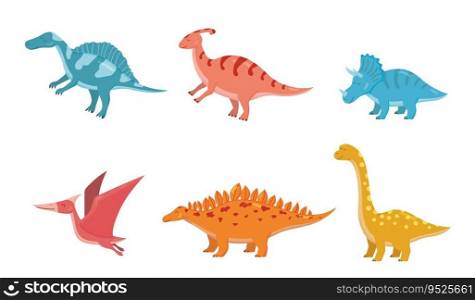 Dinosaurs vector illustration set. Cartoon colorful dino collection of stegosaurus, brontosaurus, triceratops, diplodocus, spinosaurus isolated on white background.