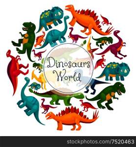 Dinosaurs world poster. Vector cartoon dinosaurs t-rex, tyrannosaurus, pterosaur and pterodactyl, triceratops and brontosaurus, eoraptor. Dinosaurs world vector cartoon poster