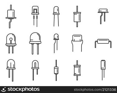 Diode icons set outline vector. Anode light. Led alarm. Diode icons set outline vector. Anode light