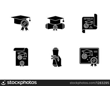 Diploma black glyph icons set on white space. School certificate. Graduation confirmation. Academic document. Degree. Education. Notary services. Silhouette symbols. Vector isolated illustration
