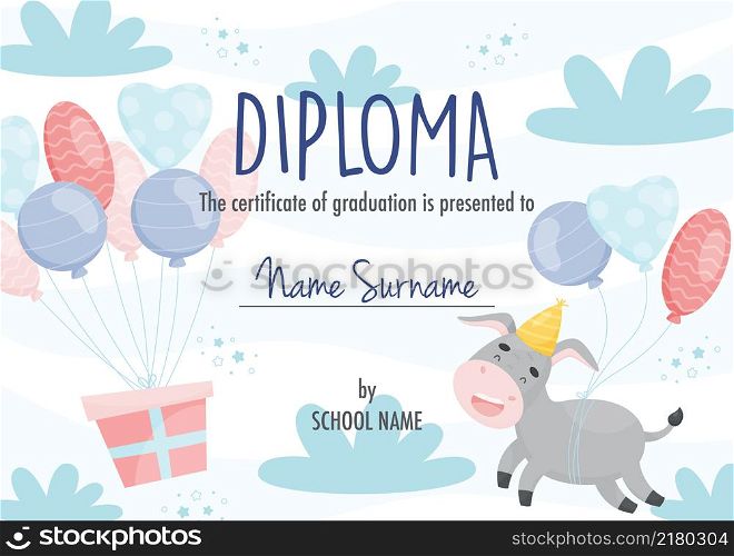 Diploma certificate concept template, with cute cartoon donkey character with balloons.