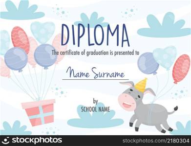Diploma certificate concept template, with cute cartoon donkey character with balloons.