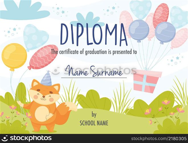 Diploma certificate concept template, with cute cartoon fox character with balloons.