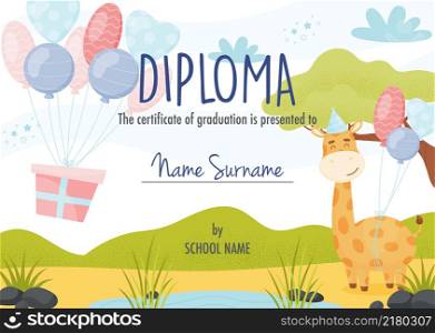 Diploma certificate concept template, with cute cartoon giraffe character with balloons.