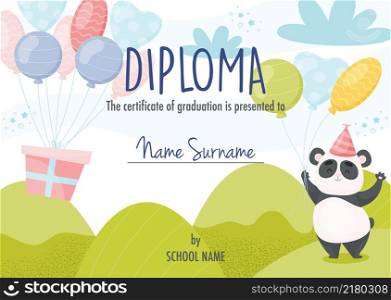 Diploma certificate concept template, with cute cartoon panda character with balloons.