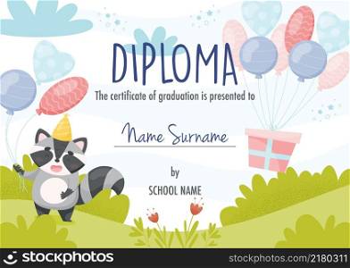 Diploma certificate concept template, with cute cartoon racoon character with balloons.