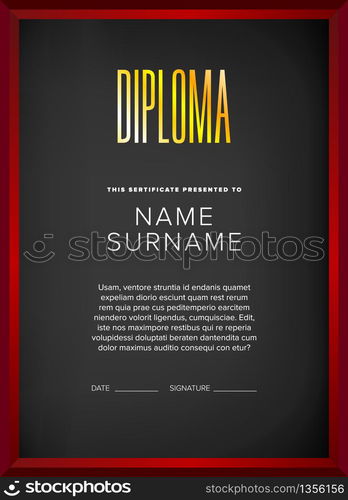 Diploma, certificate design template with frame on a black background. Diploma, certificate design template