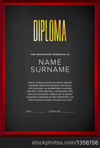 Diploma, certificate design template with frame on a black background. Diploma, certificate design template