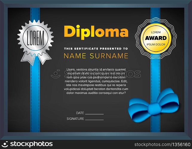 Diploma, certificate design template with seal and ribbon. Diploma, certificate design template