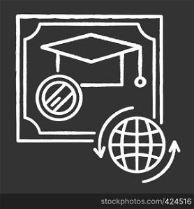 Diploma chalk white icon on black background. School certificate. Graduation confirmation. Academic document. Qualification. Degree. Education. Attestation. Isolated vector chalkboard illustration
