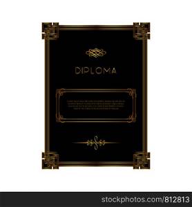 Diploma document template with golden elements on the black background. Vector illustration. Diploma document template with golden elements