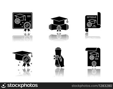 Diploma drop shadow black glyph icons set. School certificate. Graduation confirmation. Academic document. Qualification. Degree. Education. Notary service. Isolated vector illustration on white space