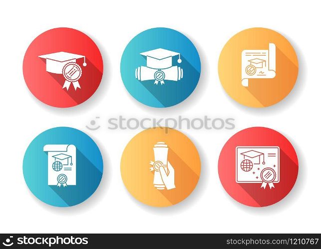 Diploma flat design long shadow glyph icons set. School certificate. Graduation confirmation. Academic document. Qualification. Degree. Education. Notary services. Silhouette RGB color illustration