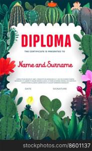 Diploma for florist, cactuses and succulents, certificate appreciation award, vector template background. Diploma award for florist and landscape design with agave cactus and opuntina. Diploma for florist, cactuses and succulents award