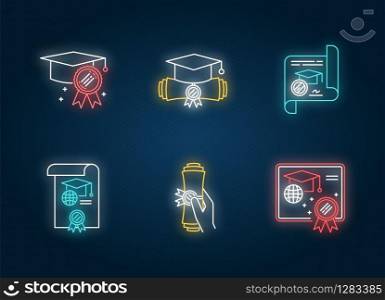 Diploma neon light icons set. School certificate. Graduation confirmation. Academic document. Degree. Education. Signs with outer glowing effect. Vector isolated RGB color illustrations