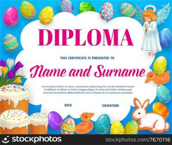 Diploma or certificate of kids education with vector frame background of Easter eggs, flowers and sweet bread. School graduation diploma, student achievement certificate or appreciation award template. Diploma of kids education with Easter eggs