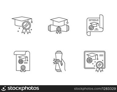 Diploma pixel perfect linear icons set. School certificate. Academic document. Degree. Education. Customizable thin line contour symbols. Isolated vector outline illustrations. Editable stroke