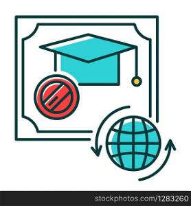 Diploma RGB color icon. Internationally accepted school certificate. Graduation confirmation. Academic document. Qualification. Degree. Education. Attestation. Isolated vector illustration