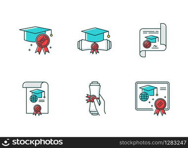 Diploma RGB color icons set. Internationally accepted school certificate. Graduation confirmation. Academic document. Qualification. Degree. Education. Notary services. Isolated vector illustrations