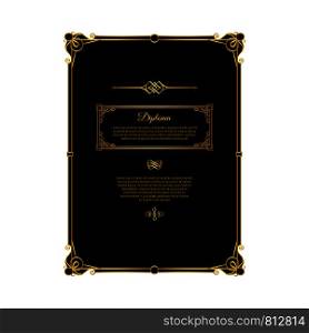 Diploma template, black with gold frame. Vector illustration. Black and gold diploma template