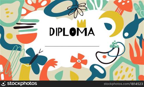 Diploma template. Doodle contemporary certificate design for children or adults. Modern blank award banner vector background. Blank document education, graduate award illustration. Diploma template. Doodle contemporary certificate design for children or adults. Modern blank award banner vector background