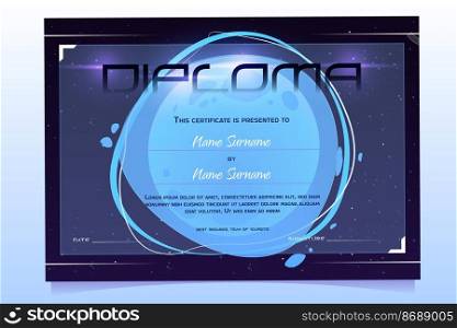 Diploma template for children in kindergarten or elementary school with moon and cosmos on background. Vector certificate for award, appreciation or celebration graduation with cartoon outer space. Vector diploma for kids with moon in cosmos