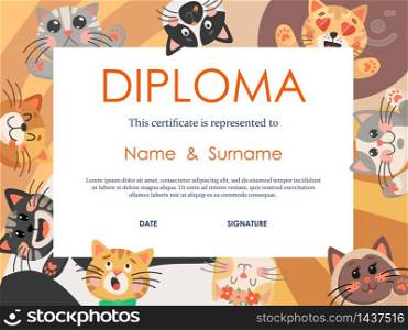 Diploma vector template with kids education certificate of preschool, kindergarten or elementary school graduation in frame of cute cats and kittens. Graduate diploma design with kitty animals. Diploma or kids education certificate template