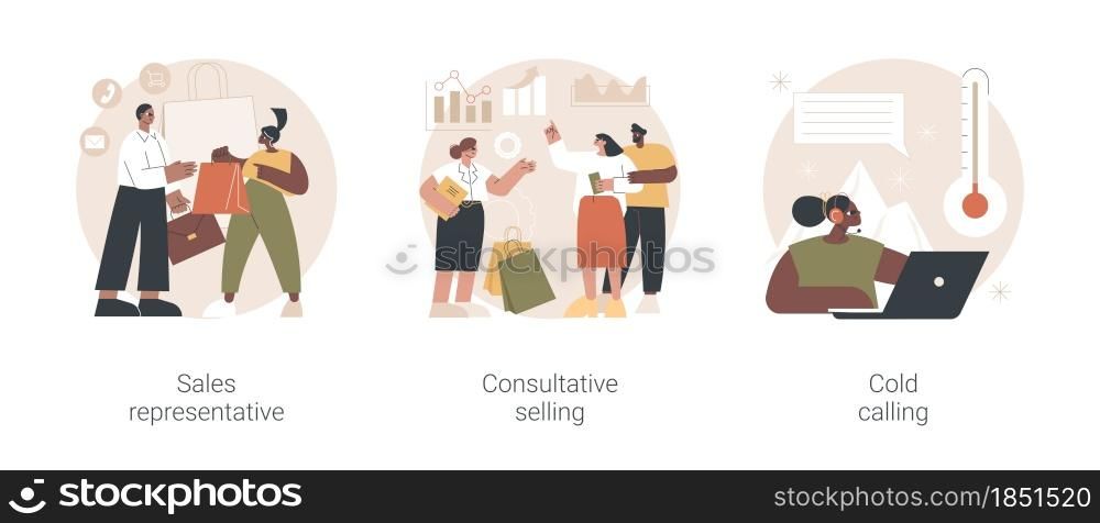 Direct marketing abstract concept vector illustration set. Sales representative, consultative selling, cold calling, salesman coaching, reaching customer, telemarketing abstract metaphor.. Direct marketing abstract concept vector illustrations.