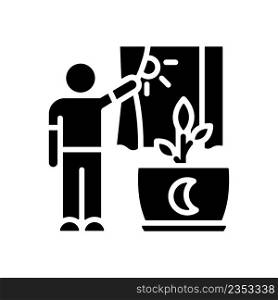 Direct sunlight black glyph icon. Indoor houseplant care. Daylight for plants growth. Indoor plants correct light. Silhouette symbol on white space. Solid pictogram. Vector isolated illustration. Direct sunlight black glyph icon