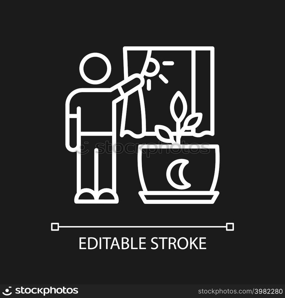 Direct sunlight white linear icon for dark theme. Indoor houseplant