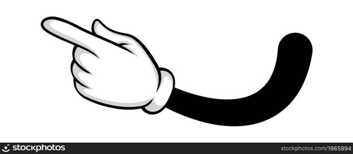 Direct to left, cartoon hand show right way. Comic hand in glove. Gesture arm artwork, pointing left, clipart forefinger gloved, vector illustration. Direct to left, cartoon hand show right way