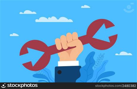 Direction adjustment. Hand holding red arrows, search successful way, change business strategy, managing development and goals of company, problem solving. Vector cartoon flat style isolated concept. Direction adjustment. Hand holding red arrows, search successful way, change business strategy, managing development and goals of company, problem solving. Vector cartoon flat concept