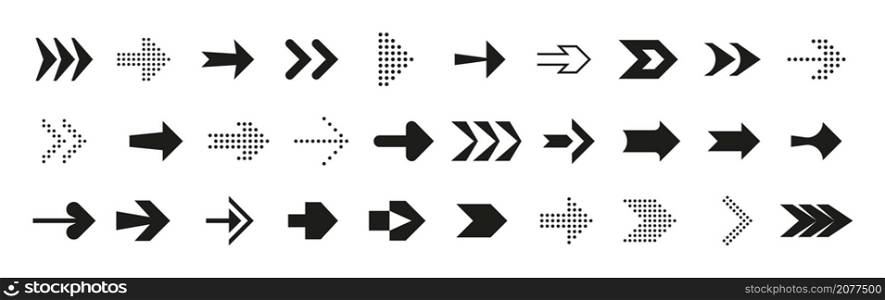 Direction arrows. Forward back up and down interface symbols. Left or right dynamic shapes collection. Isolated black line or dotted icons. UI menu signs. Vector navigation or orientation pointers set. Direction arrows. Forward back up and down interface symbols. Left or right dynamic shapes collection. Black line or dotted icons. Menu signs. Vector navigation or orientation pointers set