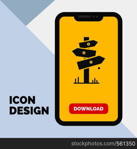 Direction, Board, Camping, Sign, label Glyph Icon in Mobile for Download Page. Yellow Background. Vector EPS10 Abstract Template background